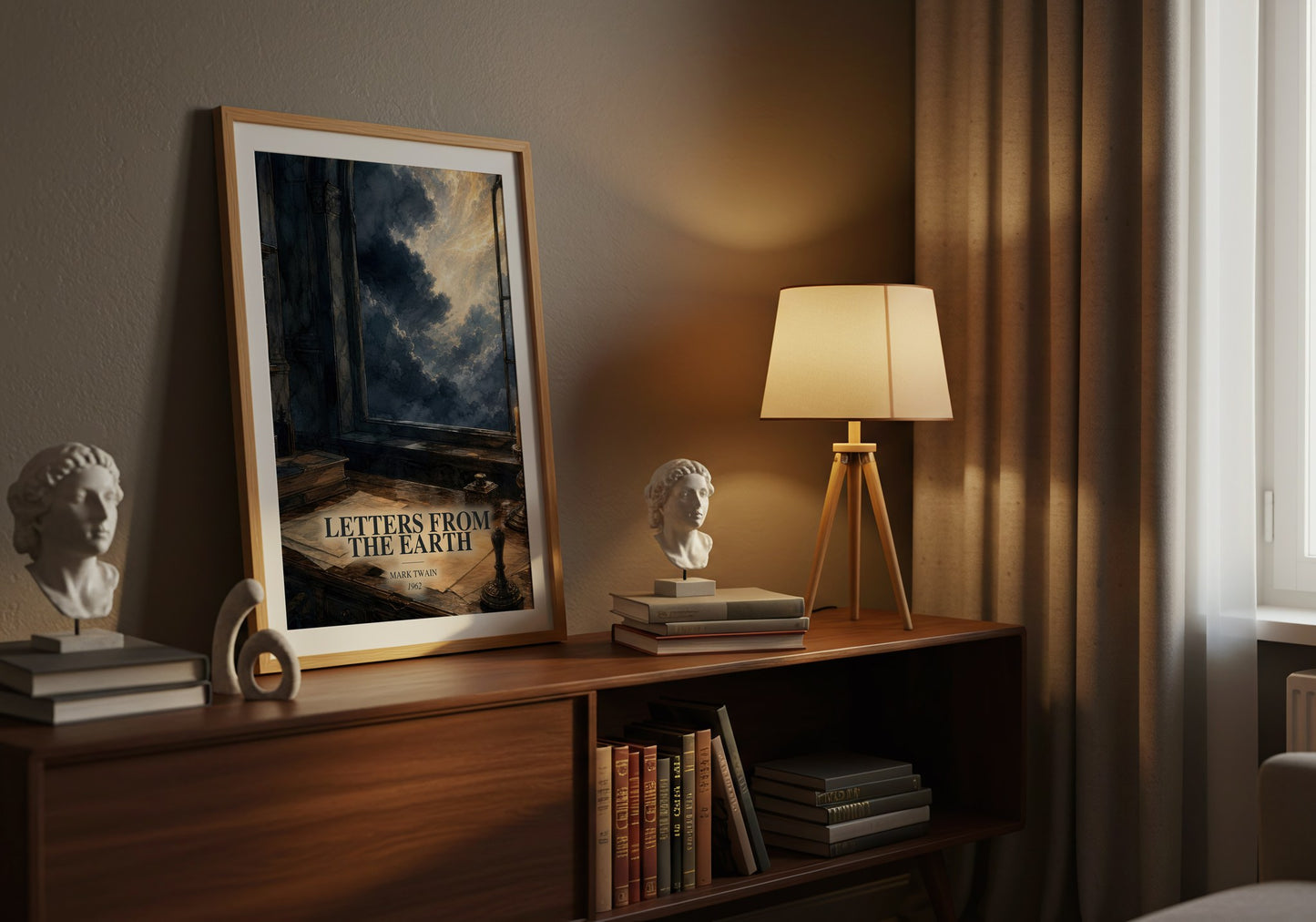 Letters From The Earth watercolour print on bookshelf – Mark Twain fan gift