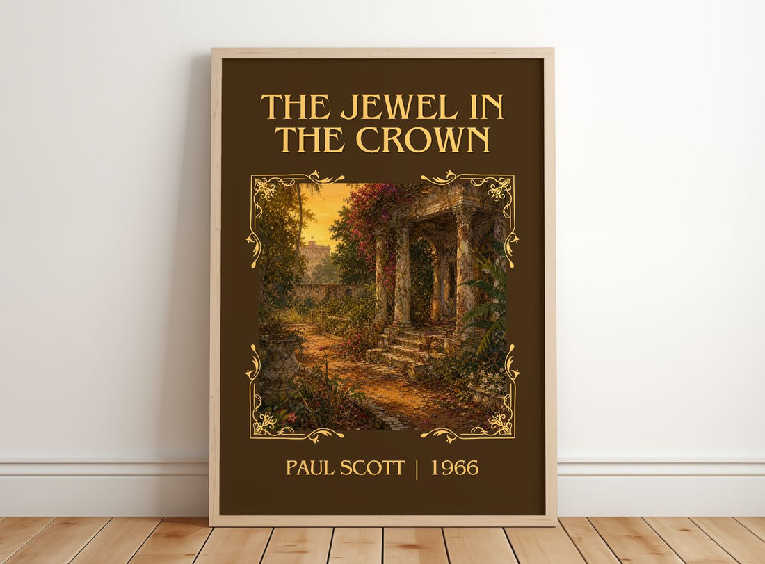 The Jewel In The Crown Classic Book Art Print by Paul Scott – framed print leaning on a wooden floor