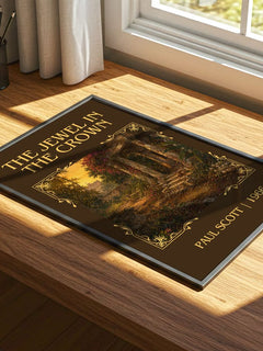 The Jewel In The Crown Classic Book Art Print by Paul Scott – print on a sunlit desk