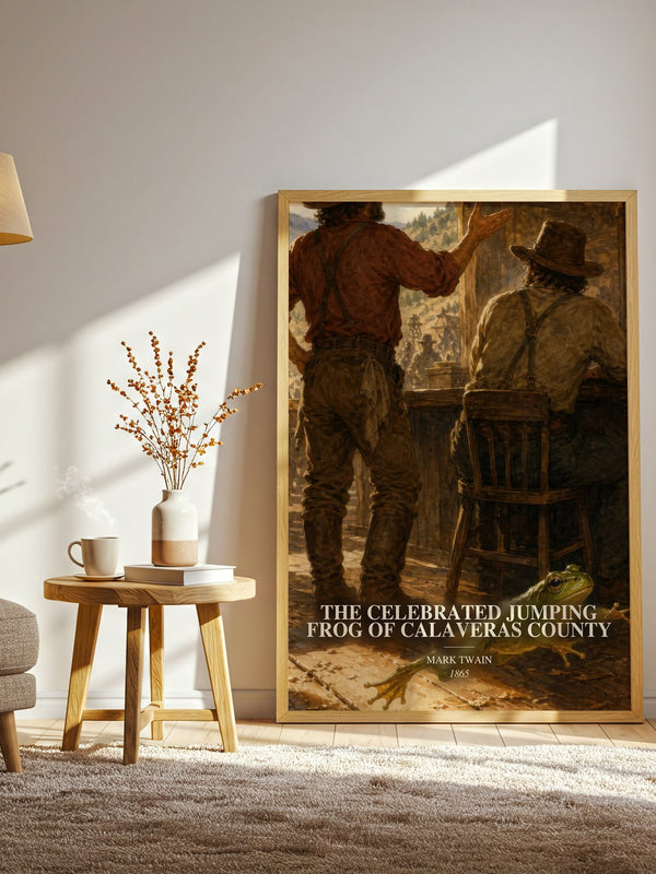 The Celebrated Jumping Frog Of Calaveras County watercolour print in frame leaning in hallway – classic literature wall art
