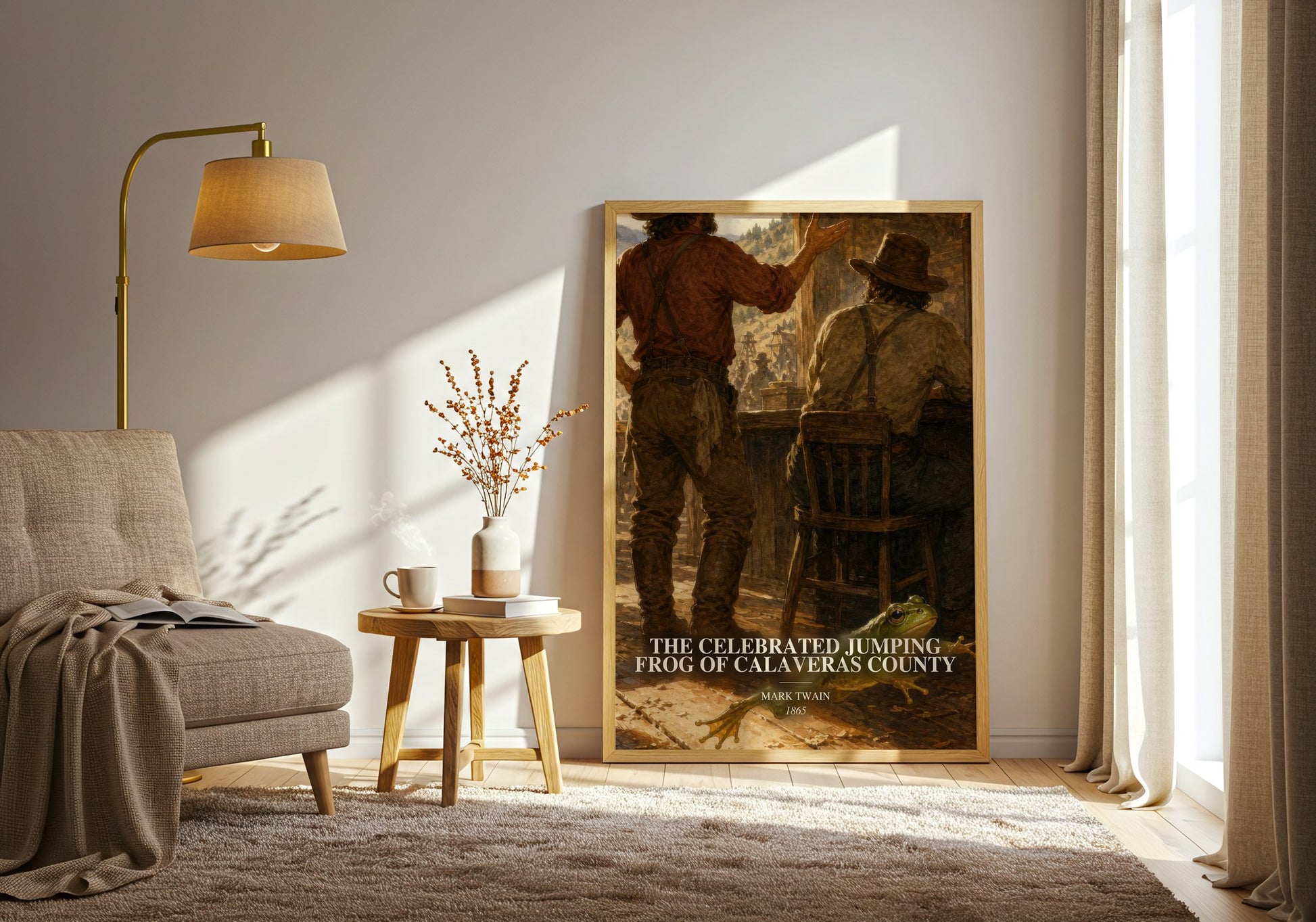 The Celebrated Jumping Frog Of Calaveras County watercolour print in frame leaning in hallway – classic literature wall art