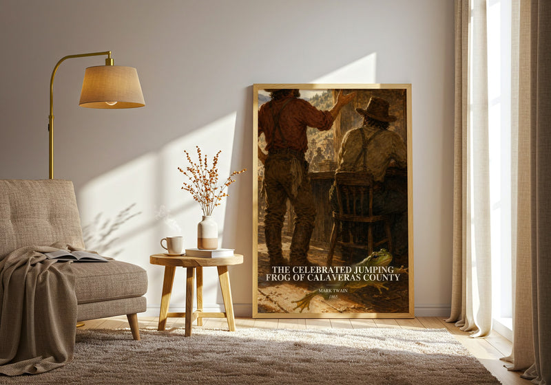 The Celebrated Jumping Frog Of Calaveras County watercolour print in frame leaning in hallway – classic literature wall art
