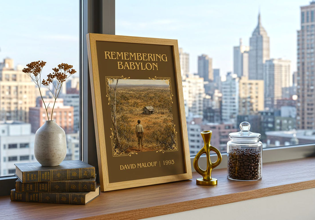 Remembering Babylon Classic Book Art Print by David Malouf – framed print on a city-view windowsill