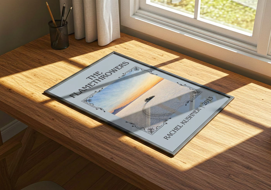 The Flamethrowers Classic Book Art Print by Rachel Kushner – print on a sunlit desk