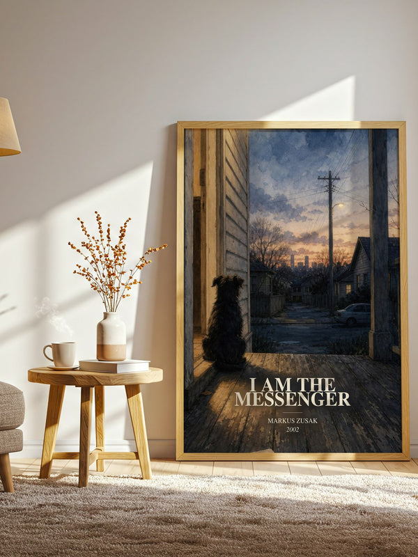 I Am The Messenger watercolour print in frame leaning in hallway – young adult wall art