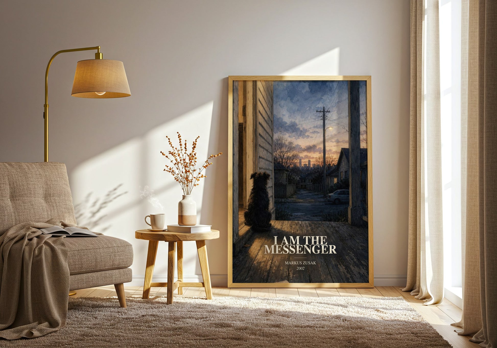 I Am The Messenger watercolour print in frame leaning in hallway – young adult wall art