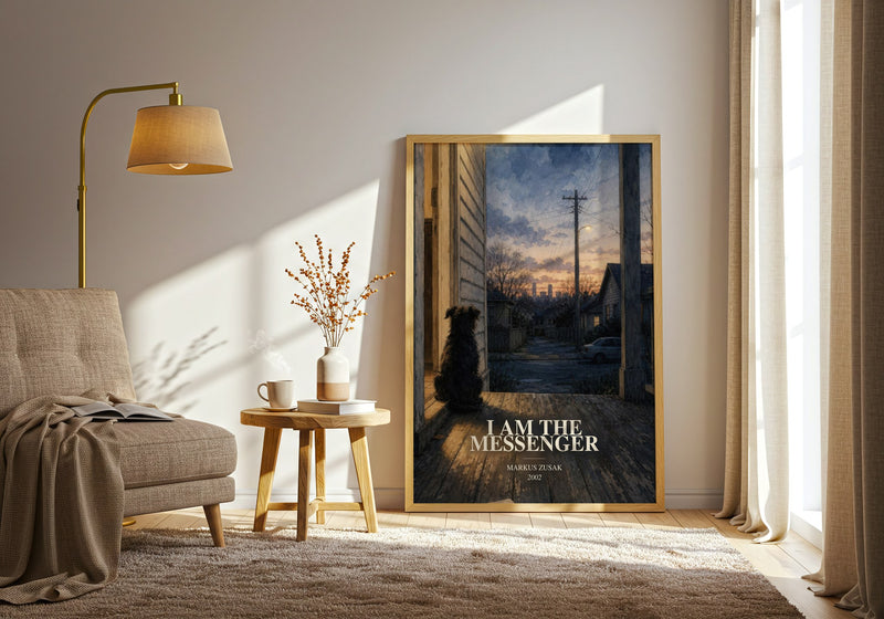 I Am The Messenger watercolour print in frame leaning in hallway – young adult wall art
