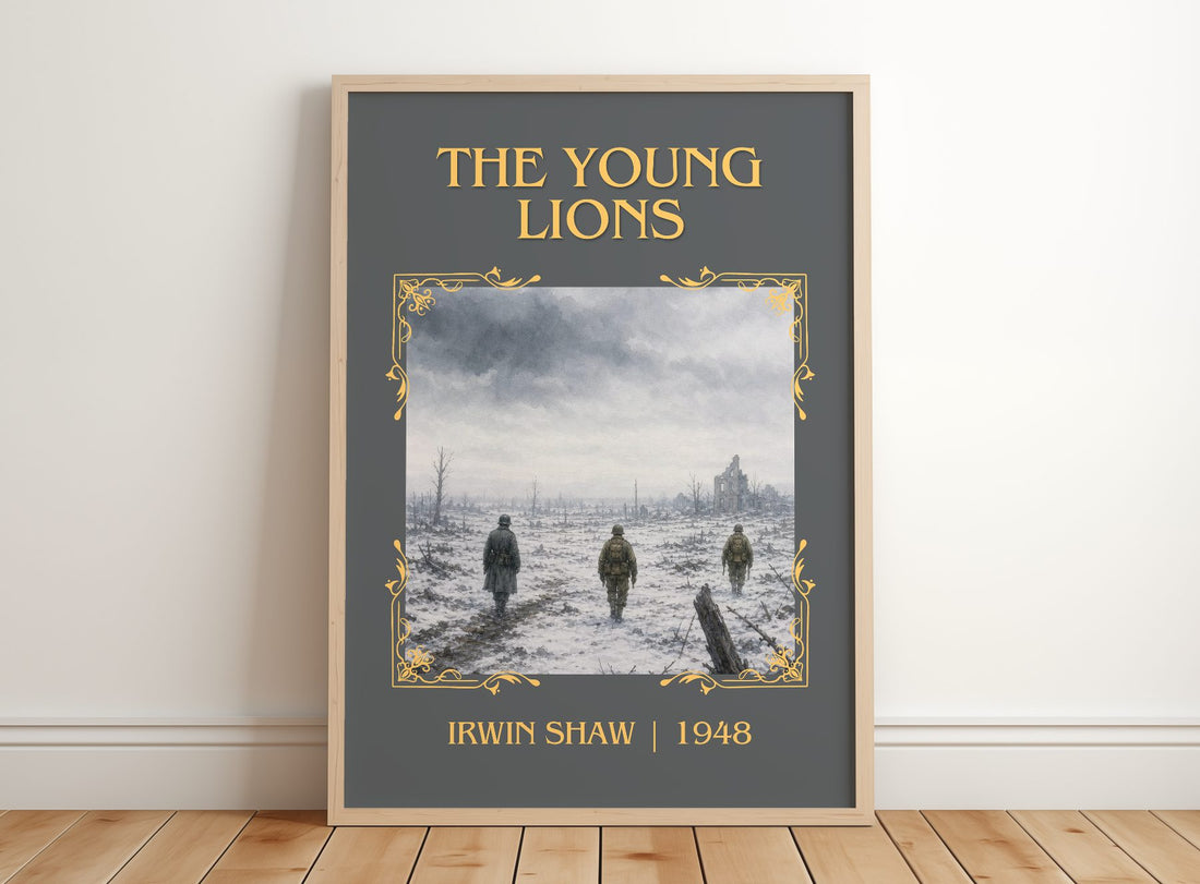 The Young Lions Classic Book Art Print by Irwin Shaw – framed print leaning on a wooden floor