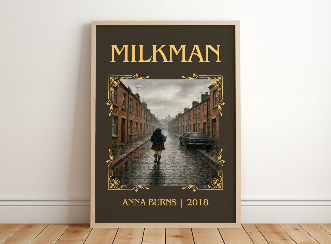 Milkman Classic Book Art Print by Anna Burns – framed print leaning on a wooden floor