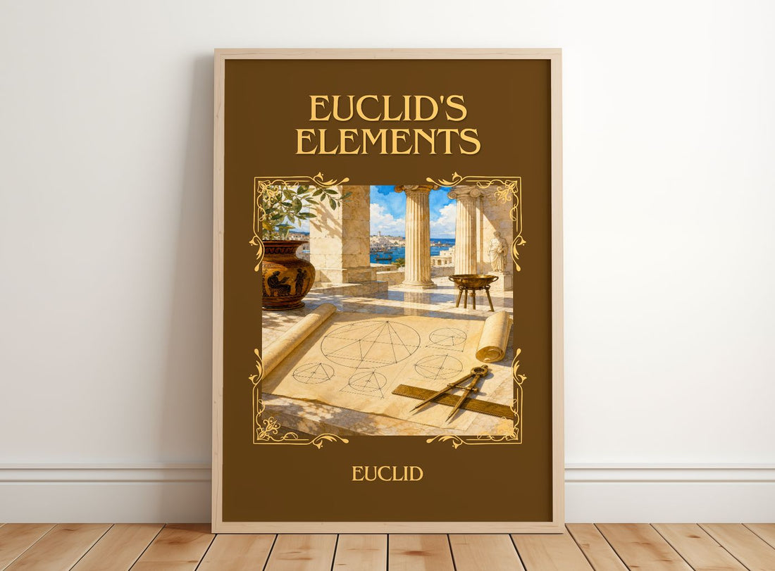Euclid's Elements Classic Book Art Print by Euclid – framed print leaning on a wooden floor