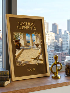 Euclid's Elements Classic Book Art Print by Euclid – framed print on a city-view windowsill