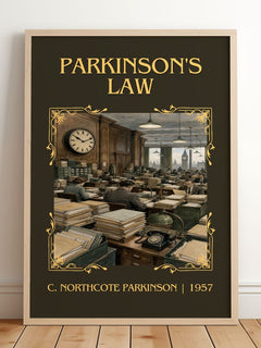 Parkinson's Law Classic Book Art Print by C. Northcote Parkinson – framed print leaning on a wooden floor