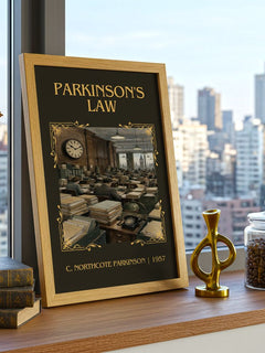 Parkinson's Law Classic Book Art Print by C. Northcote Parkinson – framed print on a city-view windowsill