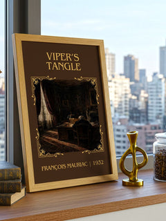 Viper’s Tangle Classic Book Art Print by François Mauriac – framed print on a city-view windowsill