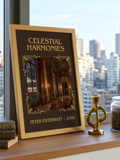 Celestial Harmonies Classic Book Art Print by Peter Esterhazy – framed print on a city-view windowsill