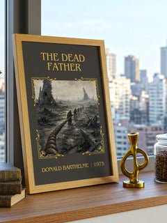 The Dead Father Classic Book Art Print by Donald Barthelme – framed print on a city-view windowsill