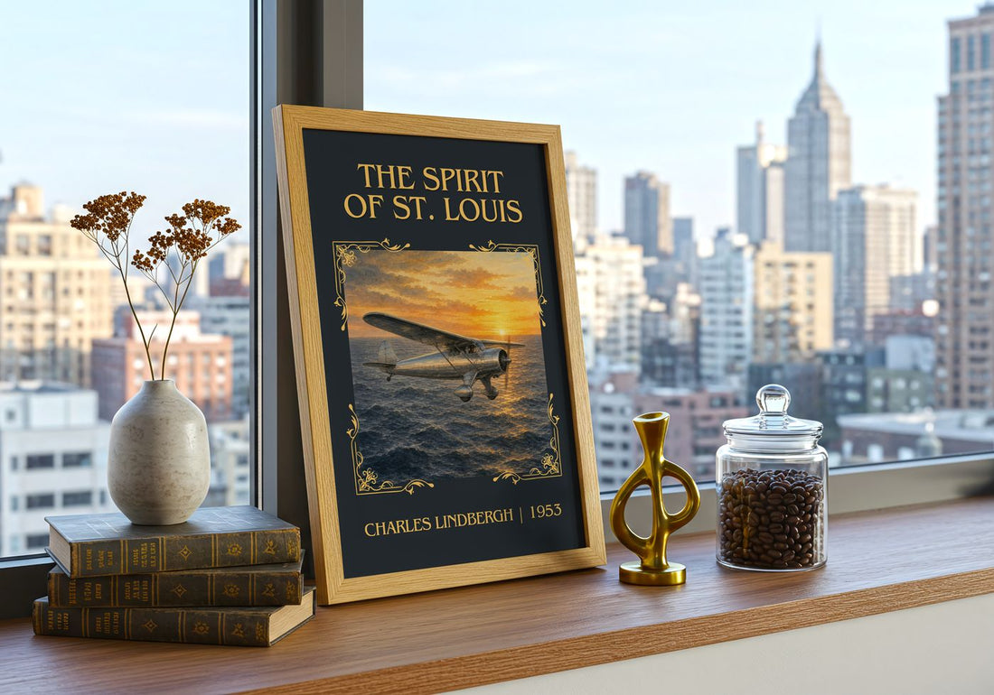 The Spirit of St. Louis Classic Book Art Print by Charles Lindbergh – framed print on a city-view windowsill