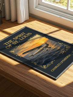 The Spirit of St. Louis Classic Book Art Print by Charles Lindbergh – print on a sunlit desk