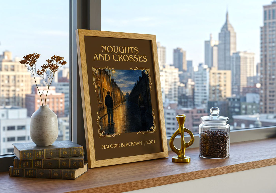 Noughts and Crosses Classic Book Art Print by Malorie Blackman – framed print on a city-view windowsill
