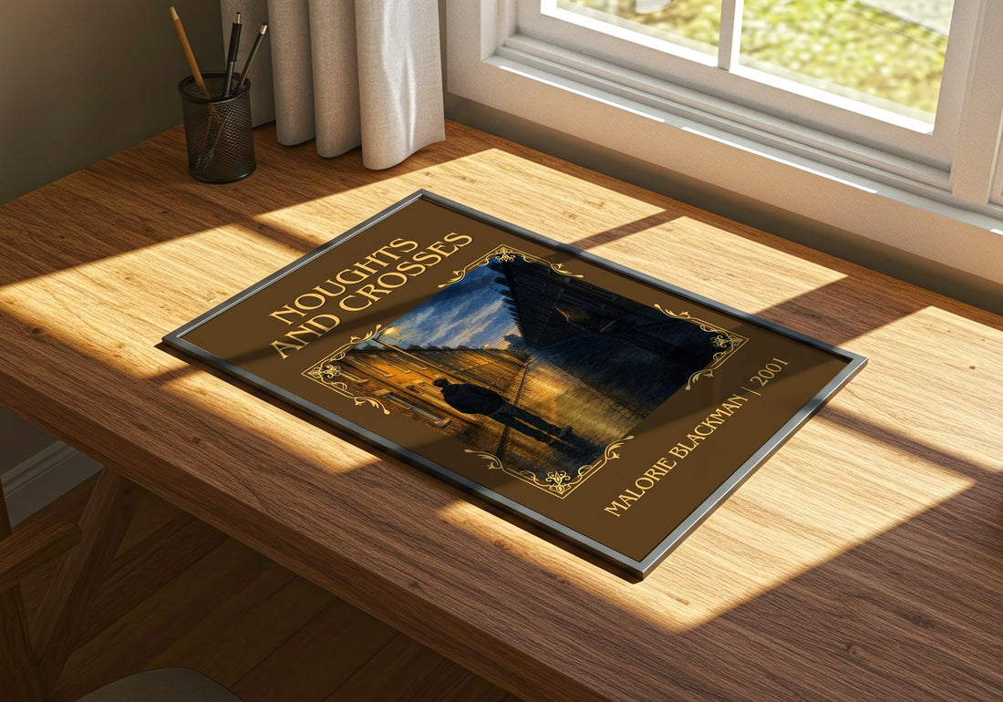 Noughts and Crosses Classic Book Art Print by Malorie Blackman – print on a sunlit desk