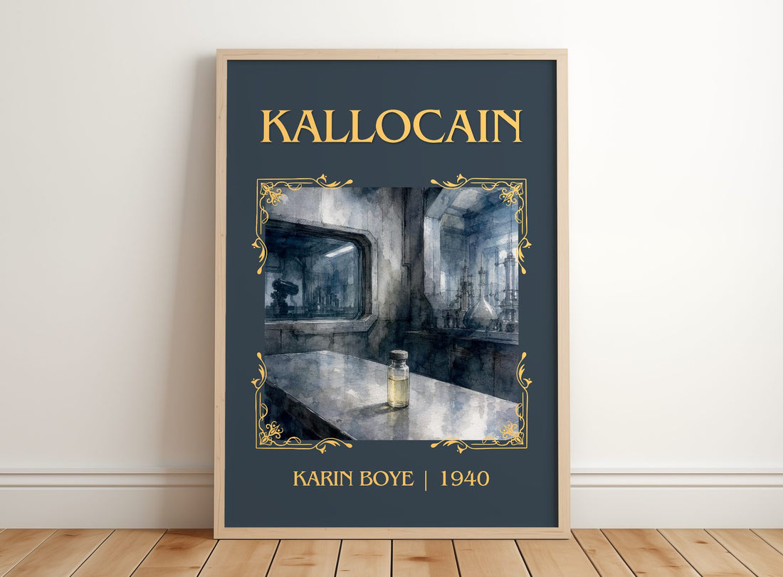 Kallocain Classic Book Art Print by Karin Boye – framed print leaning on a wooden floor