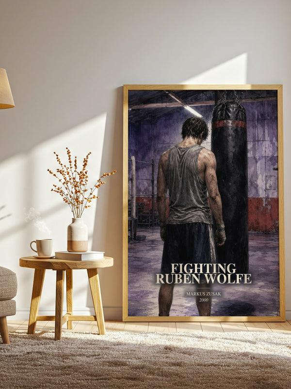 Fighting Ruben Wolfe watercolour print in frame leaning in hallway – young adult wall art