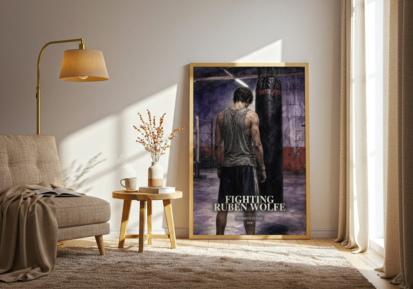 Fighting Ruben Wolfe watercolour print in frame leaning in hallway – young adult wall art