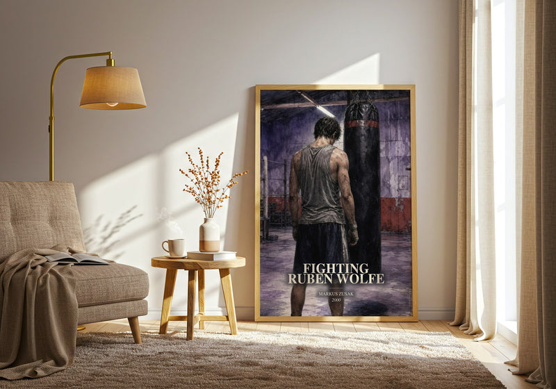 Fighting Ruben Wolfe watercolour print in frame leaning in hallway – young adult wall art