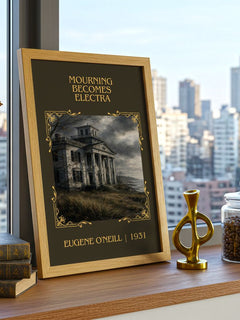 Mourning Becomes Electra Classic Book Art Print by Eugene O'Neill – framed print on a city-view windowsill