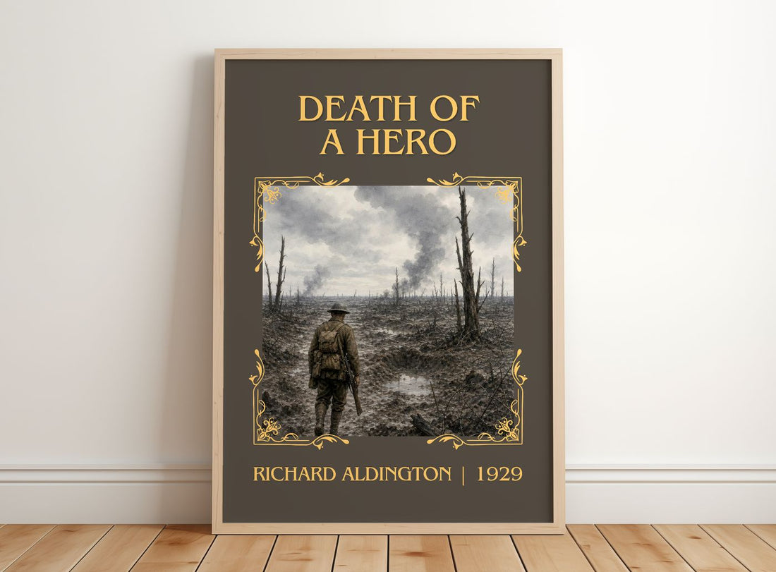 Death Of A Hero Classic Book Art Print by Richard Aldington – framed print leaning on a wooden floor
