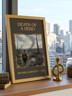 Death Of A Hero Classic Book Art Print by Richard Aldington – framed print on a city-view windowsill