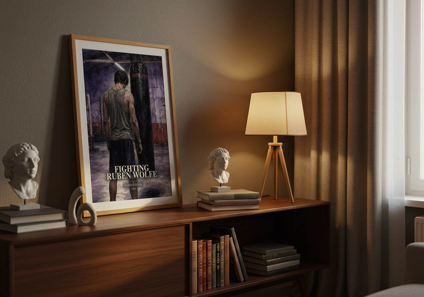 Fighting Ruben Wolfe watercolour print on bookshelf – Markus Zusak fan gift