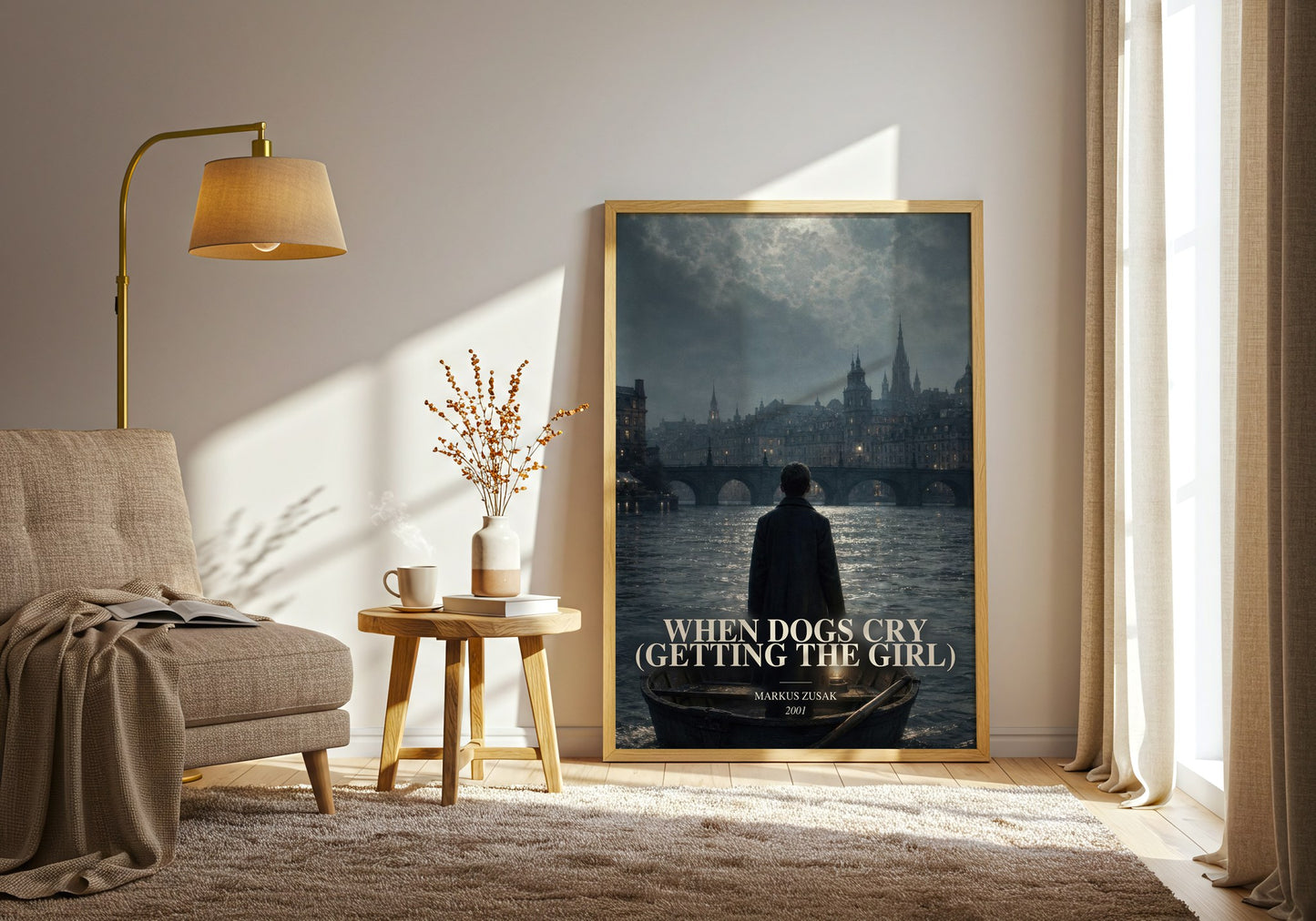 When Dogs Cry (Getting The Girl) watercolour print in frame leaning in hallway – young adult wall art