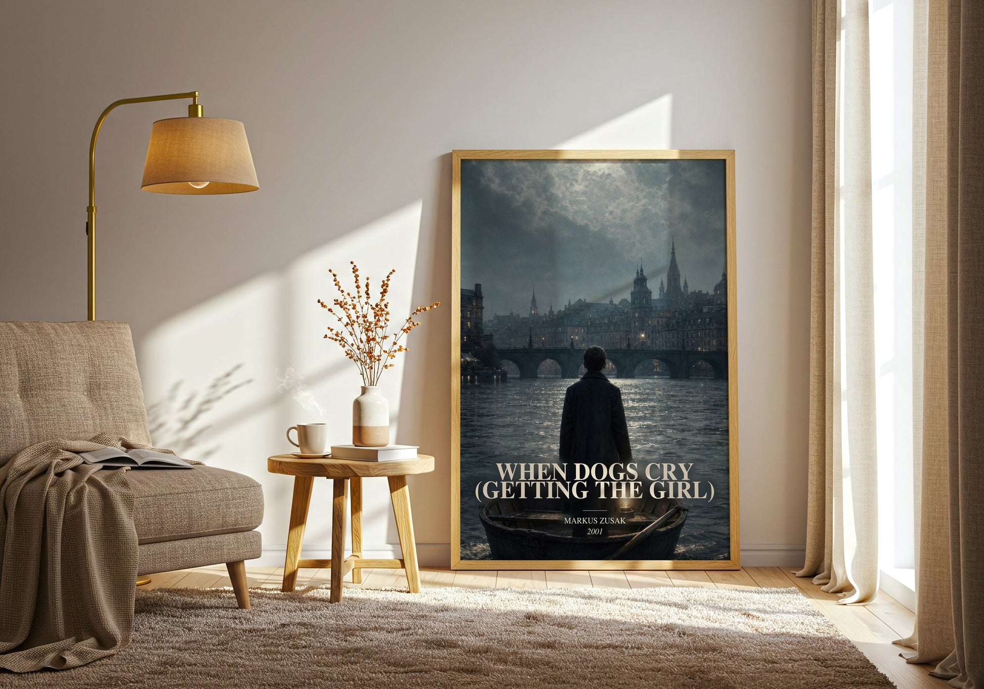 When Dogs Cry (Getting The Girl) watercolour print in frame leaning in hallway – young adult wall art