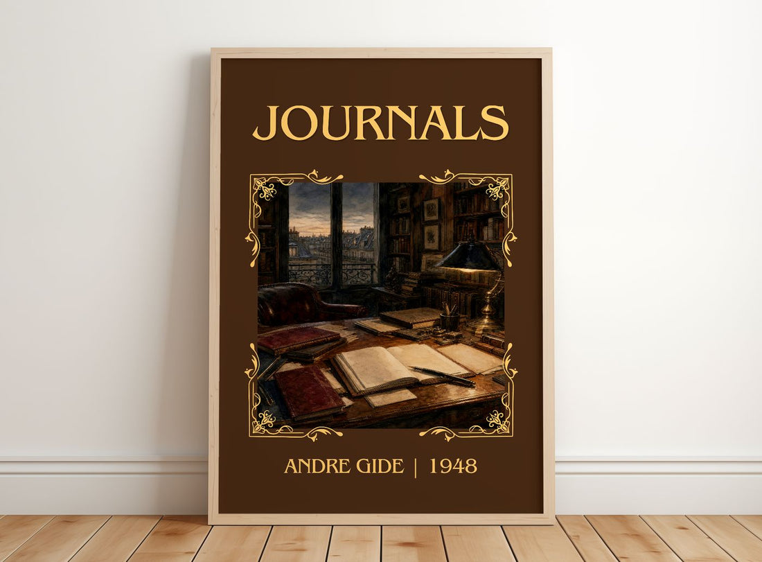 Journals Classic Book Art Print by André Gide – framed print leaning on a wooden floor
