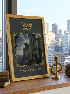 The Old English Baron Classic Book Art Print by Clara Reeve – framed print on a city-view windowsill