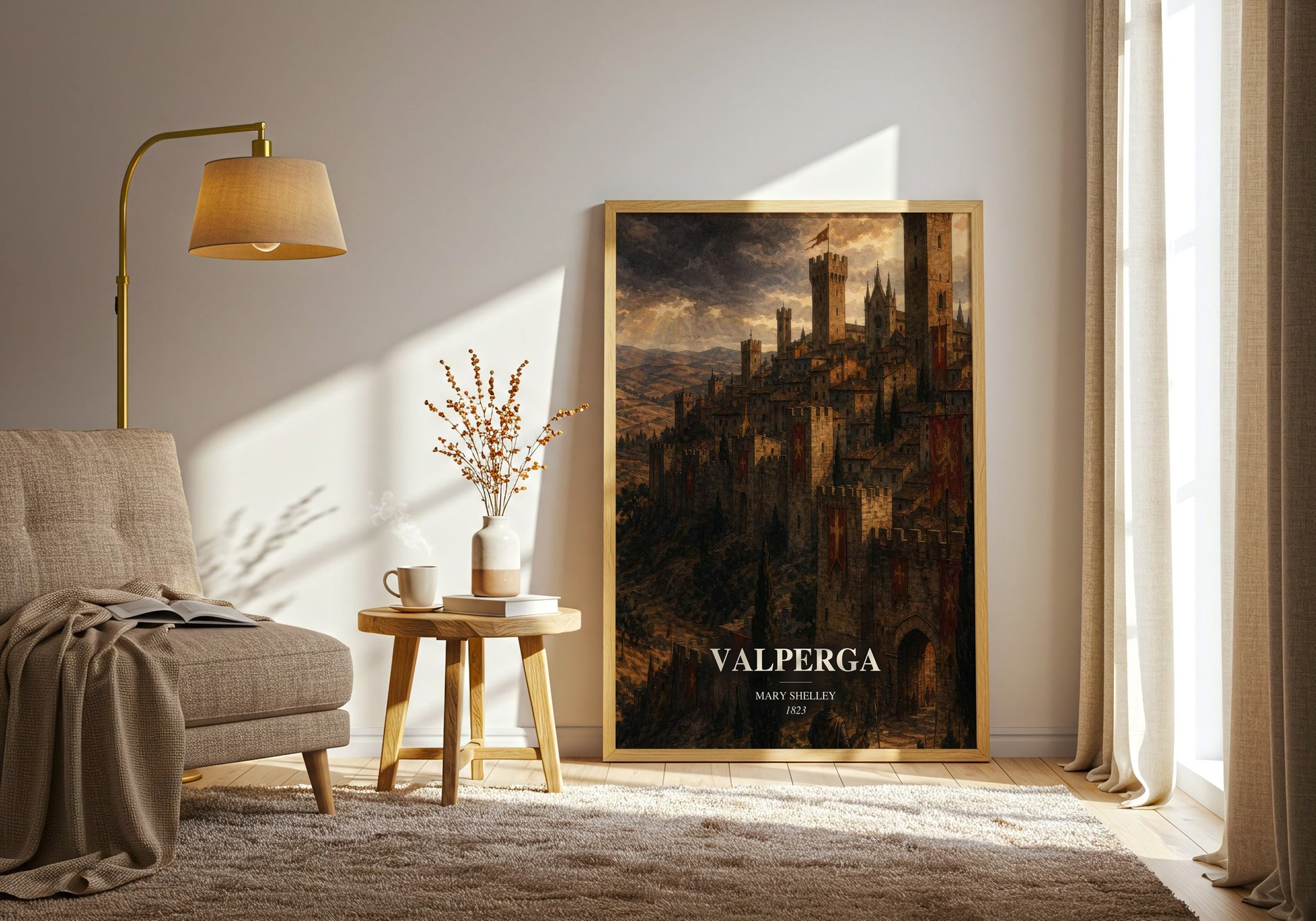 Valperga watercolour print in frame leaning in hallway – historical fiction wall art