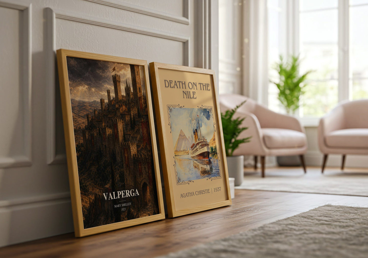 Valperga watercolour print framed by window – literary home decor