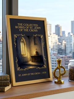 The Collected Works of St. John of the Cross Classic Book Art Print by St. John of the Cross – framed print on a city-view windowsill