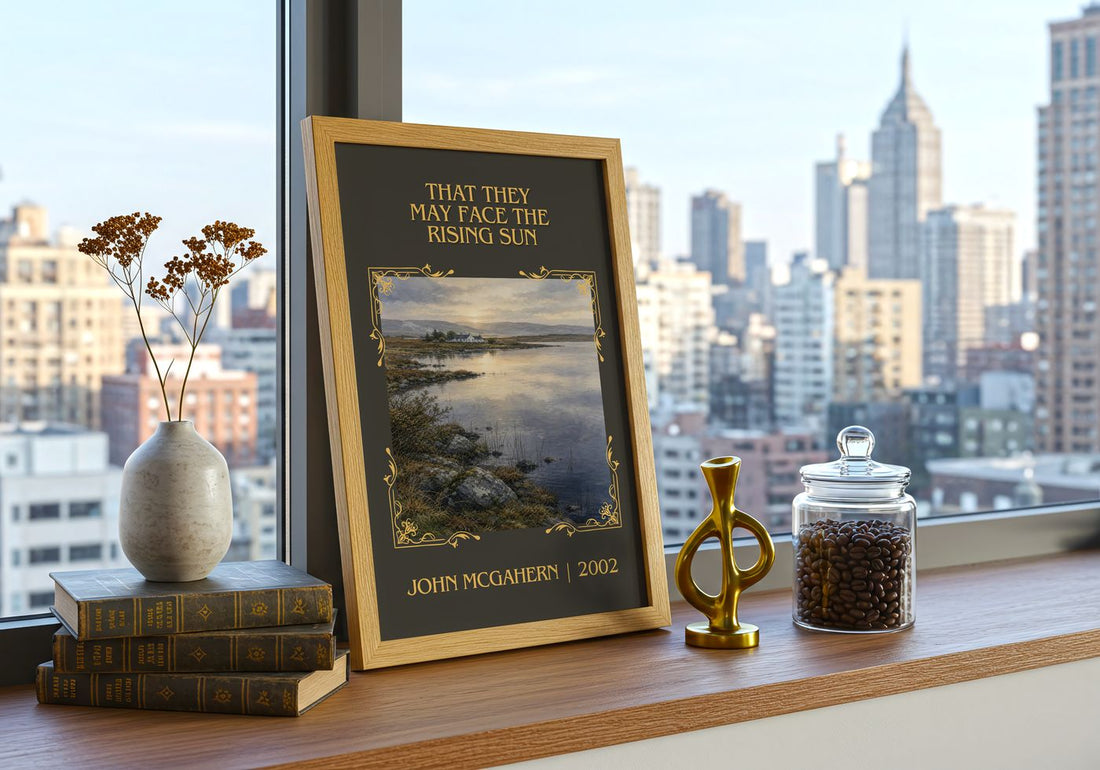 That They May Face the Rising Sun Classic Book Art Print by John McGahern – framed print on a city-view windowsill