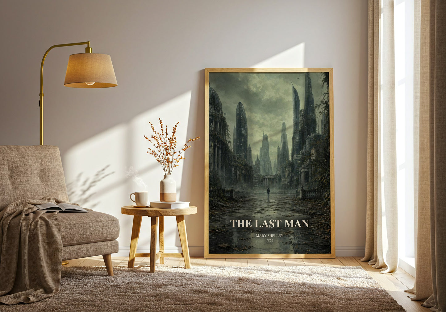 The Last Man watercolour print in frame leaning in hallway – sci fi wall art