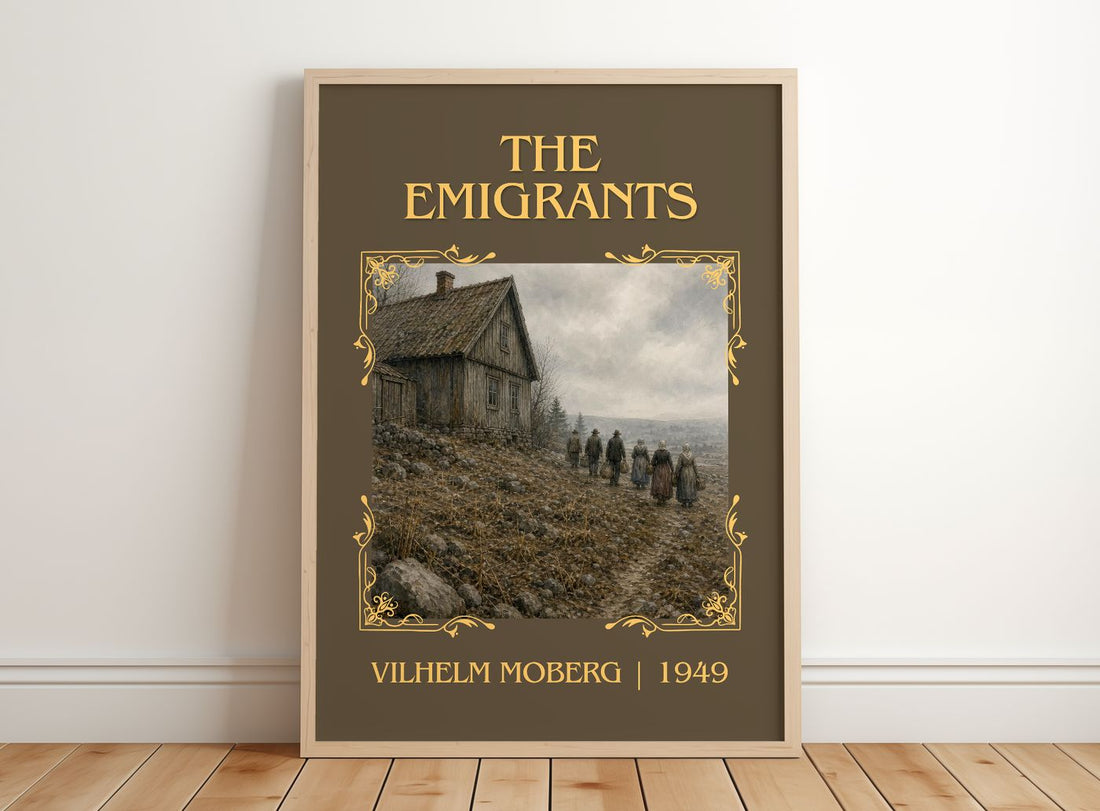 The Emigrants Classic Book Art Print by Vilhelm Moberg – framed print leaning on a wooden floor