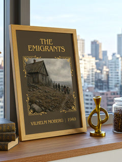 The Emigrants Classic Book Art Print by Vilhelm Moberg – framed print on a city-view windowsill
