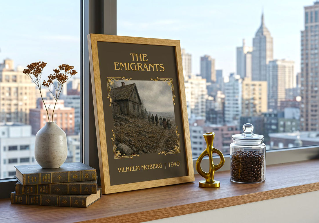 The Emigrants Classic Book Art Print by Vilhelm Moberg – framed print on a city-view windowsill