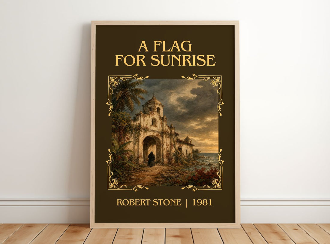 A Flag For Sunrise Classic Book Art Print by Robert Stone – framed print leaning on a wooden floor