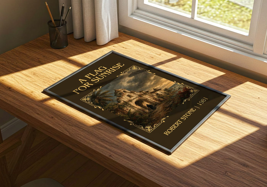 A Flag For Sunrise Classic Book Art Print by Robert Stone – print on a sunlit desk