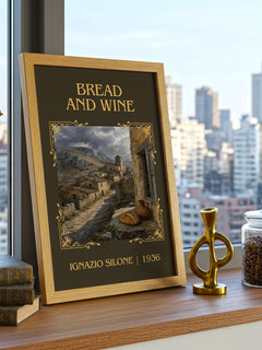Bread And Wine Classic Book Art Print by Ignazio Silone – framed print on a city-view windowsill