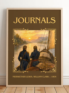 Journals Classic Book Art Print by Meriwether Lewis, William Clark – framed print leaning on a wooden floor