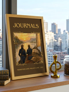 Journals Classic Book Art Print by Meriwether Lewis, William Clark – framed print on a city-view windowsill