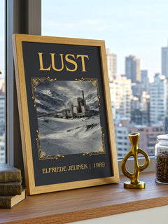 Lust Classic Book Art Print by Elfriede Jelinek – framed print on a city-view windowsill